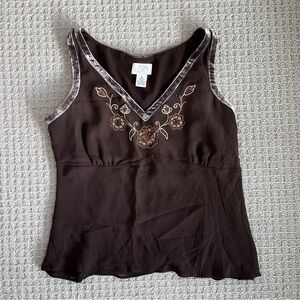 Vintage Loft Sheer/Lined Brown Silk Beaded Tank Top